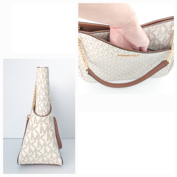 Michael Kors Cream White Brown Saffiano Leather Jet Set Chain Tote Handbag w COA - Picture 8 of 11